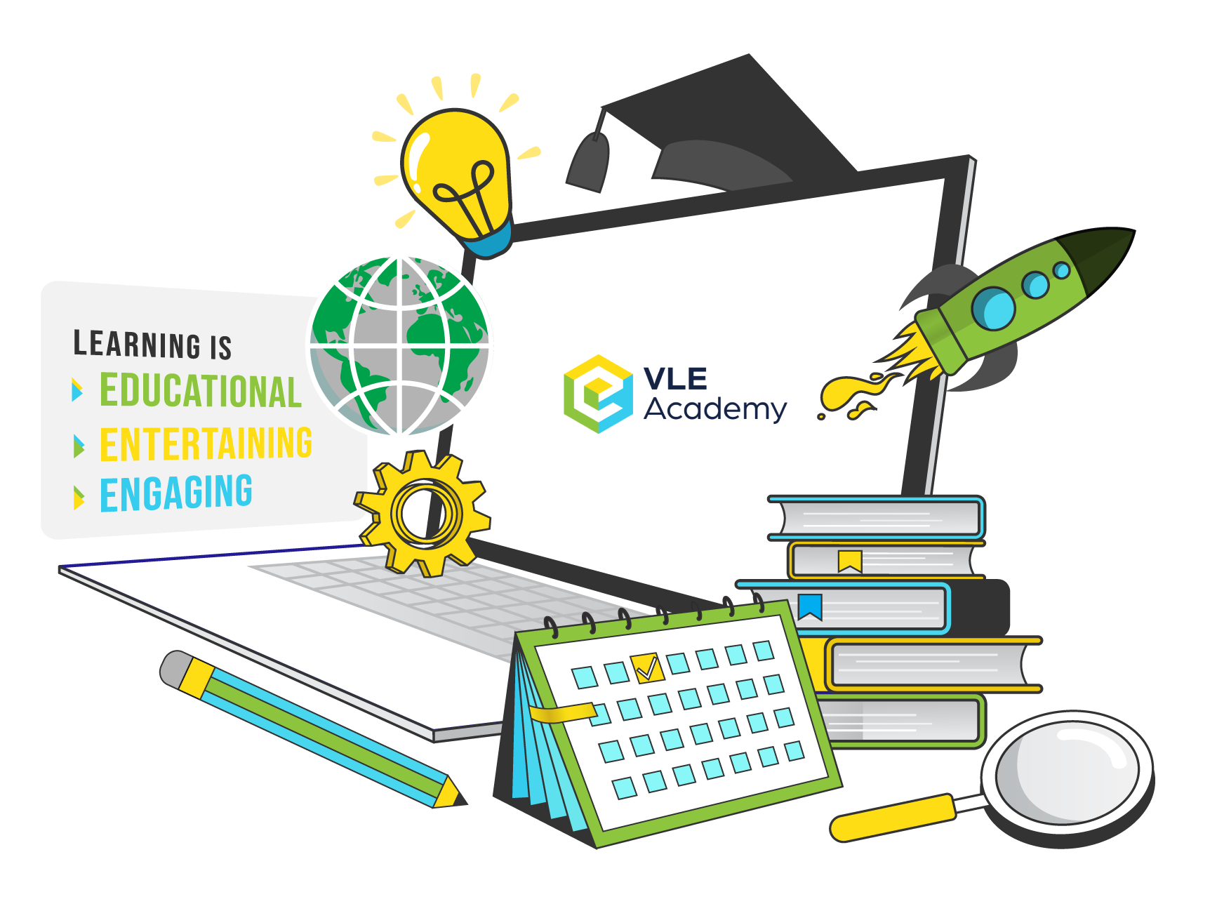 VLE Academy: a laptop, books, a rocket and a calendar